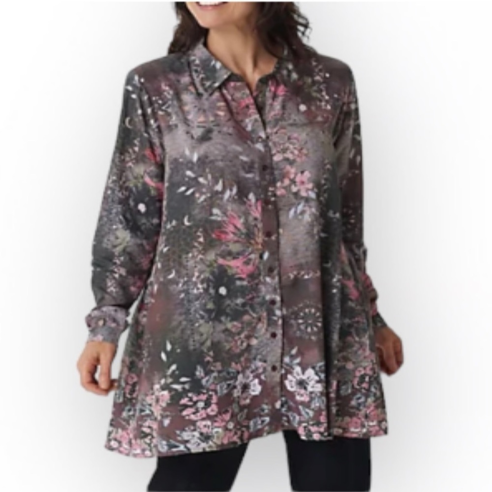Tolani 100% Silk Floral Tunic Button Front‎ + Pockets Long Sleeve Sz 1X